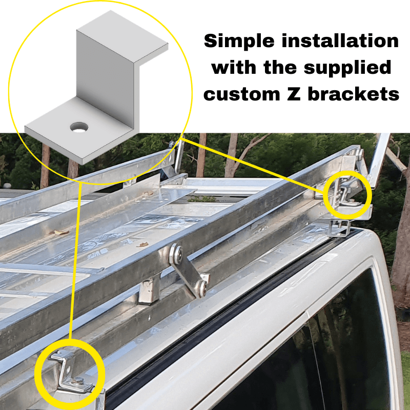Close up showing Ladder Transit attached to existing roof racks with supplied custom Z brackets.  Location of Z brackets shown in yellow circles.