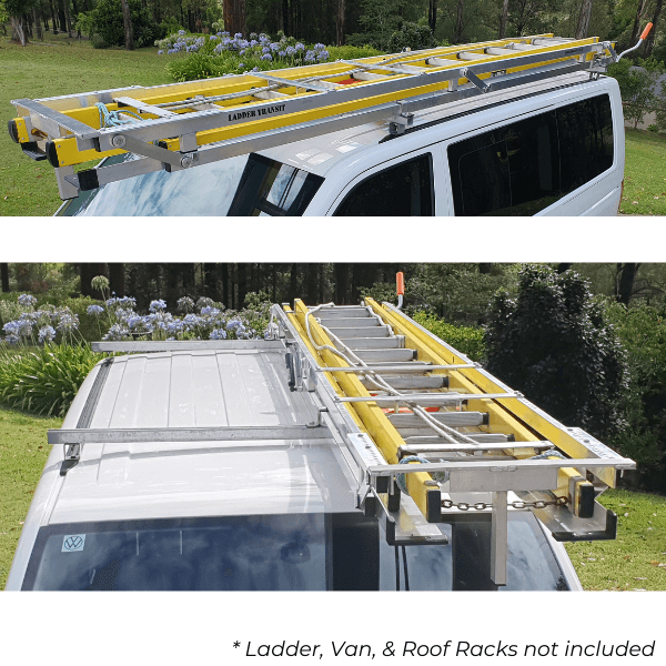 Ladder Transit - the Original extension ladder model holding yellow 4400mm extension ladder, mounted on white VW multivan
