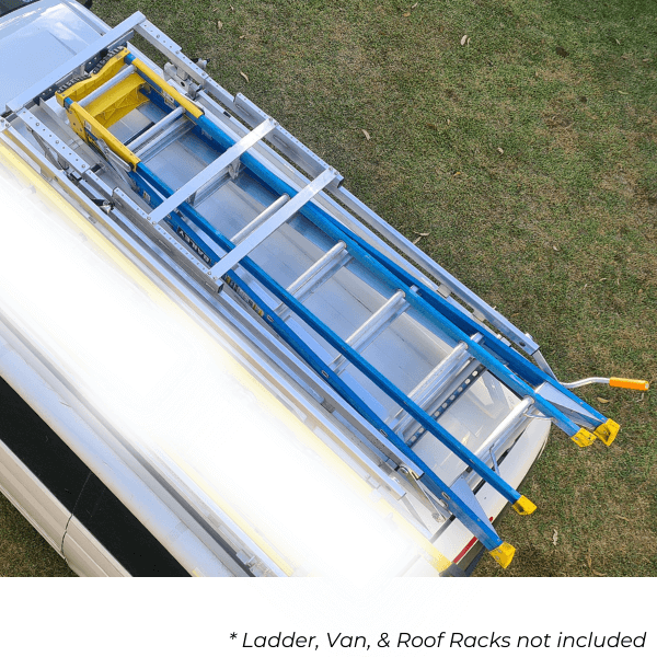 Ladder Transit - A-Frame model holding blue 8 foot A Frame ladder, mounted on white VW multivan. 