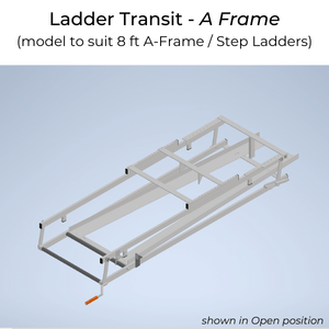 3D Drawing of Ladder Transit - A Frame model to suit 8 foot A Frame / Step Ladders.  Ladder Transit shown in Open position, ready for a ladder to be inserted.