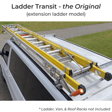 Ladder Transit - the Original extension ladder model holding yellow 4400mm extension ladder, mounted on white VW multivan, showing view from rear of vehicle