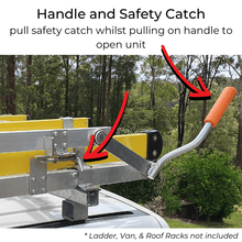 Shows Handle and Safety Catch and explains that to open Ladder Transit unit, need to pull safety catch open whilst simultaneously pulling handle