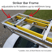 Shows adjustable striker bar frame of Ladder Transit unit, and how it can be adjusted to fit longer or shorter ladders