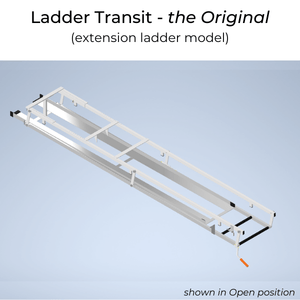 3D Drawing of Ladder Transit - the Original to suit Extension Ladders.  Ladder Transit shown in Open position, ready for a ladder to be inserted.